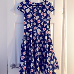 Hell Bunny Navy Floral Dress Size Large Fit and Flare with Pockets